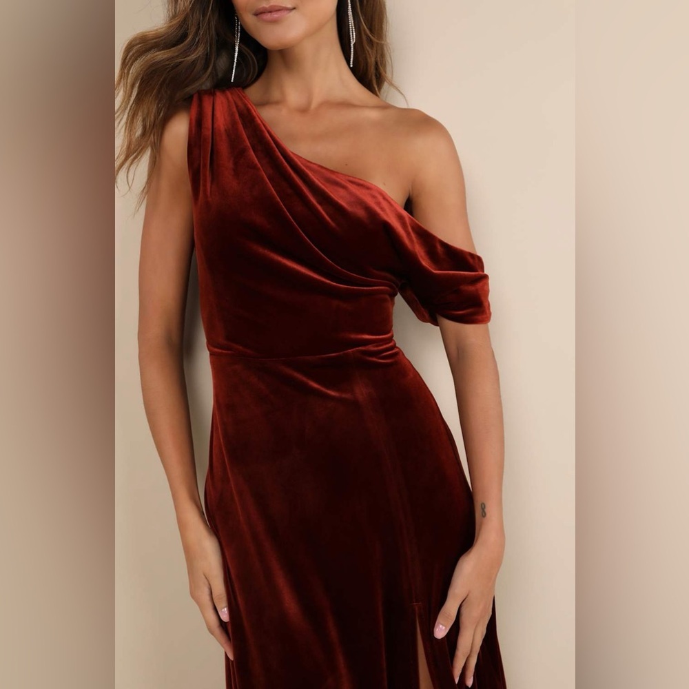 Lulus Coveted Confidence Rust Orange Velvet Asymmetrical
Maxi Dress - Picture 2 of 5